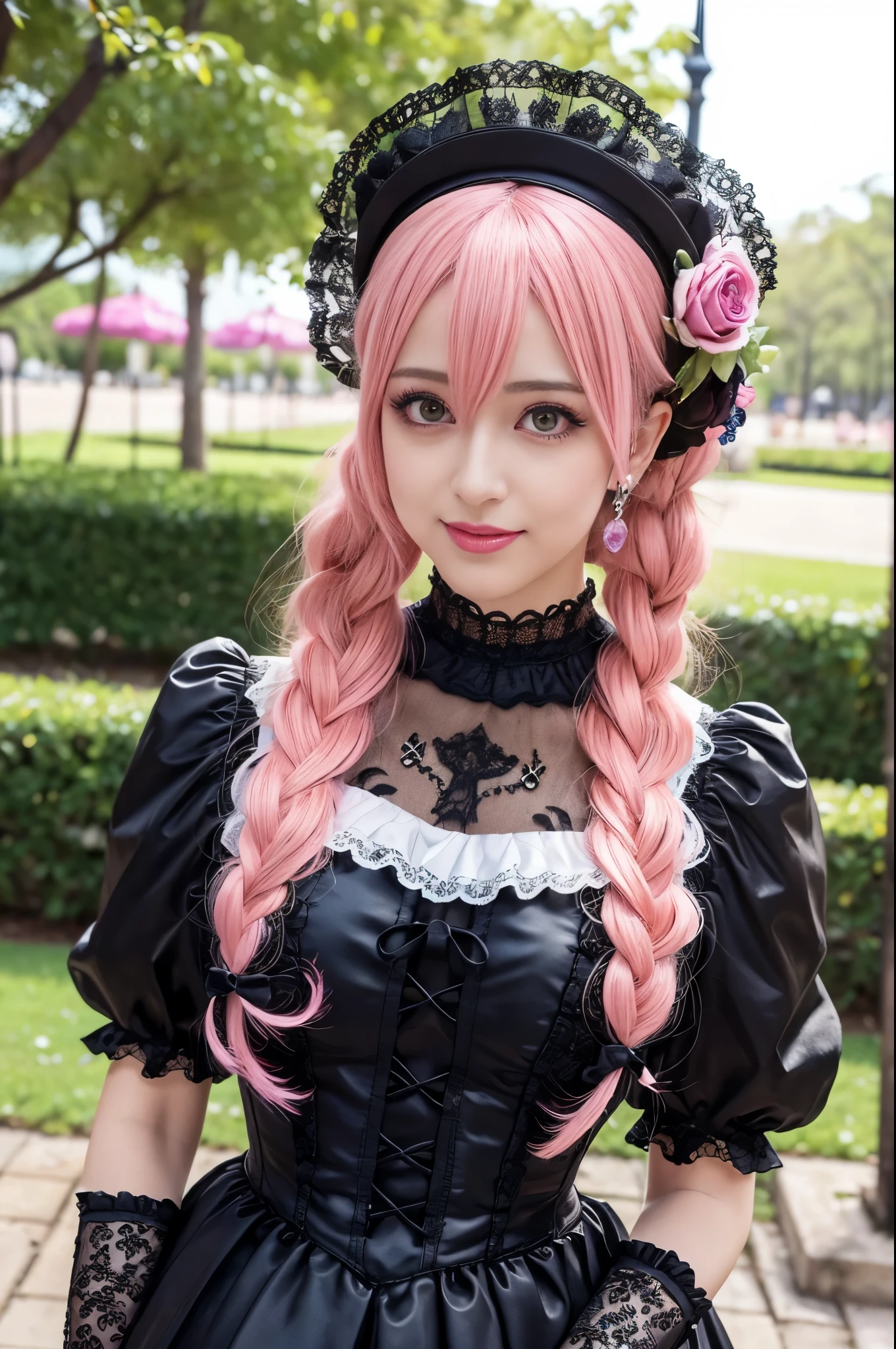 sexy stylish Spanish model, only 1 female, ((doll-like appearance)), long neon pink stylish hair, ((ultra detailed Victorian-Style boots)), beautiful smile, ultra detailed eyes, vivid eye makeup, lipgloss, long lashes, defined eyebrows, ((sexy Paradise Kiss cosplay)), bell-shaped skirt, petticoats, high neckline, puffed sleeves, (( ultra detailed lace)), ((ultra detailed embroidery)), intricate details, Paradise Kiss accessoires and matching headpiece, choker, ((large sparkling Paradise Kiss jewelry)), cinematic light, detailed large park background with trees