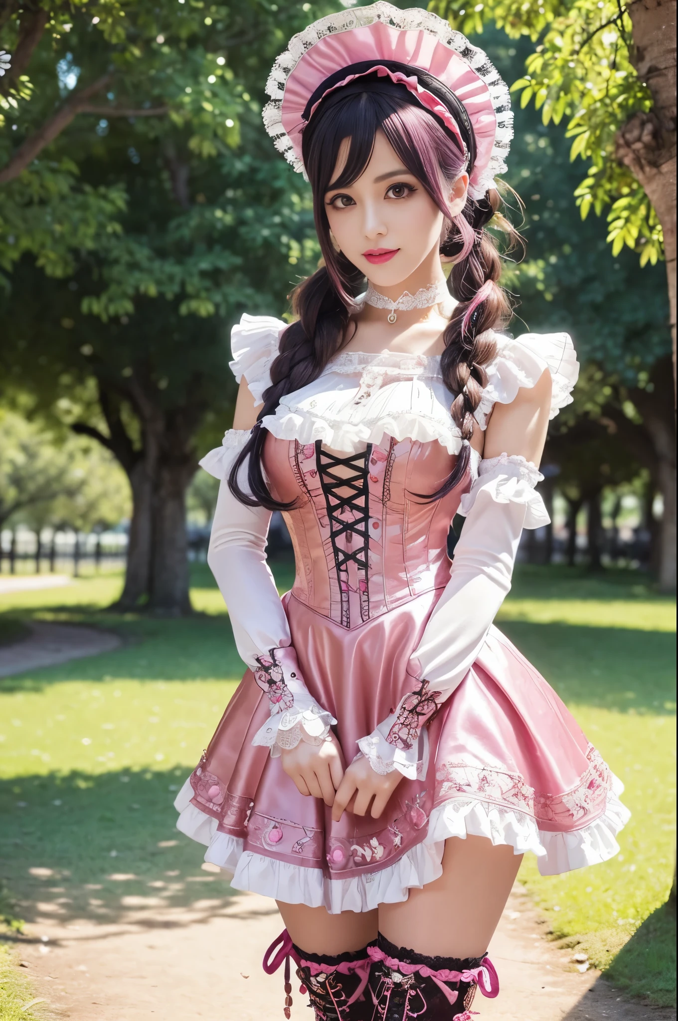 sexy stylish Spanish model, only 1 female, ((doll-like appearance)), long neon pink stylish hair, ((ultra detailed Victorian-Style boots)), beautiful smile, ultra detailed eyes, vivid eye makeup, lipgloss, long lashes, defined eyebrows, ((sexy Paradise Kiss cosplay)), bell-shaped skirt, petticoats, high neckline, puffed sleeves, (( ultra detailed lace)), ((ultra detailed embroidery)), intricate details, Paradise Kiss accessoires and matching headpiece, choker, ((large sparkling Paradise Kiss jewelry)), cinematic light, detailed large park background with trees