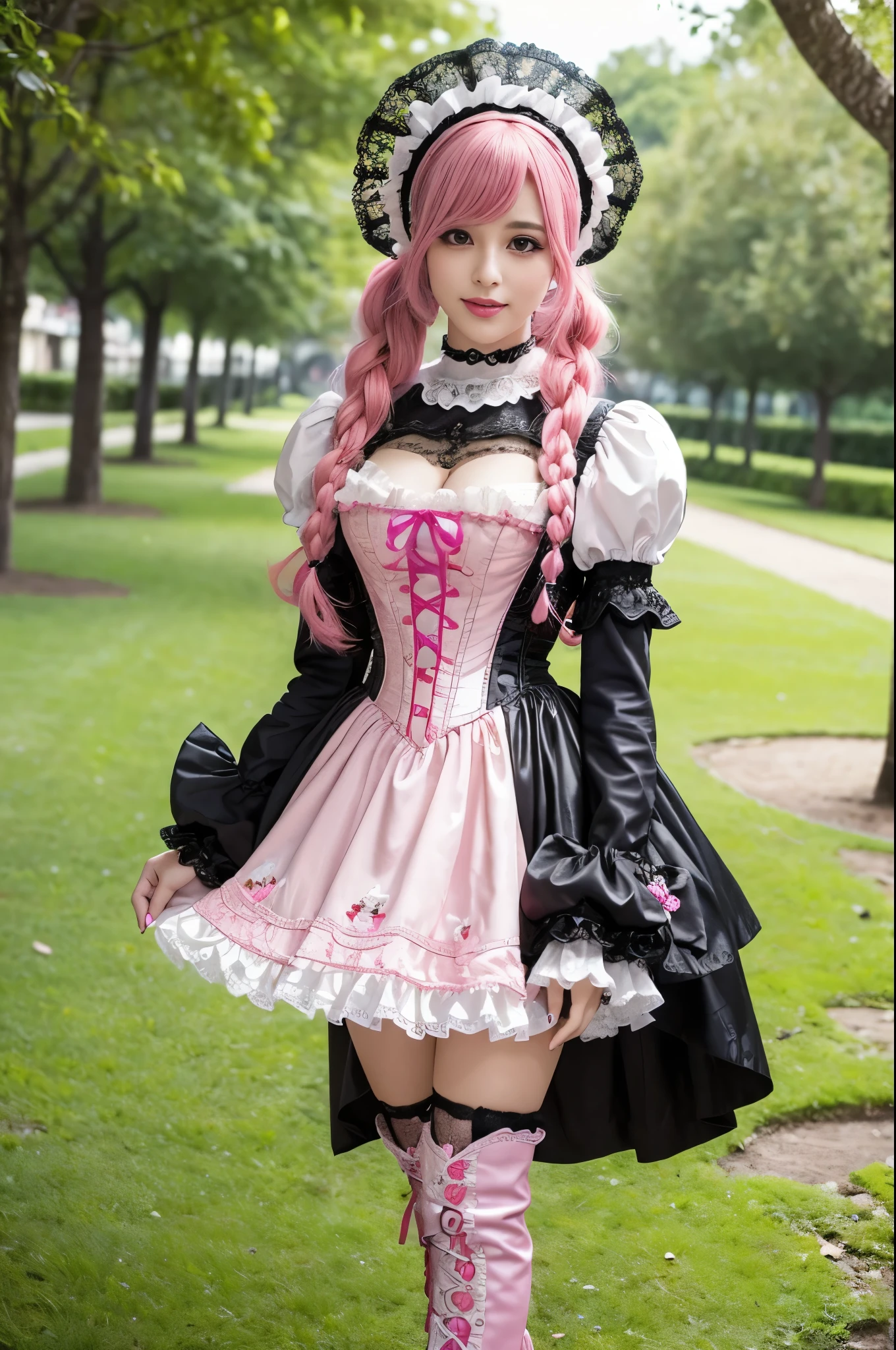 sexy stylish Spanish model, only 1 female, ((doll-like appearance)), long neon pink stylish hair, ((ultra detailed Victorian-Style boots)), beautiful smile, ultra detailed eyes, vivid eye makeup, lipgloss, long lashes, defined eyebrows, ((sexy Paradise Kiss cosplay)), bell-shaped skirt, petticoats, high neckline, puffed sleeves, (( ultra detailed lace)), ((ultra detailed embroidery)), intricate details, Paradise Kiss accessoires and matching headpiece, choker, ((large sparkling Paradise Kiss jewelry)), cinematic light, detailed large park background with trees