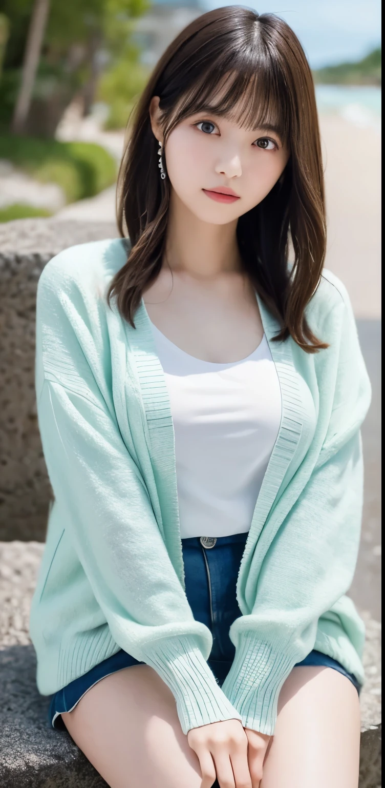 masterpiece, highest quality, 8k, 20th generation, Big Breasts, cute, alone, sad, cute, Girlish,cute 繊細な女の子, cute、Pure beauty, RAW Photos, Professional photography, Portraiture, Soft Light, Professional Lighting, Backlight, avert your eyes, Sophisticated, Film Grain, (Eye and facial details:1.0), Round face、Floating Hair, beautiful, Flowing hair, Asymmetrical bangs、(Big Breasts:1.0)、White cut and sew、pastel cardigan、Micro Mini Skirt、Voluptuous thighs、dolly make、Heterochromia iridis、Midsummer sky、Cumulonimbuidsummer Beach