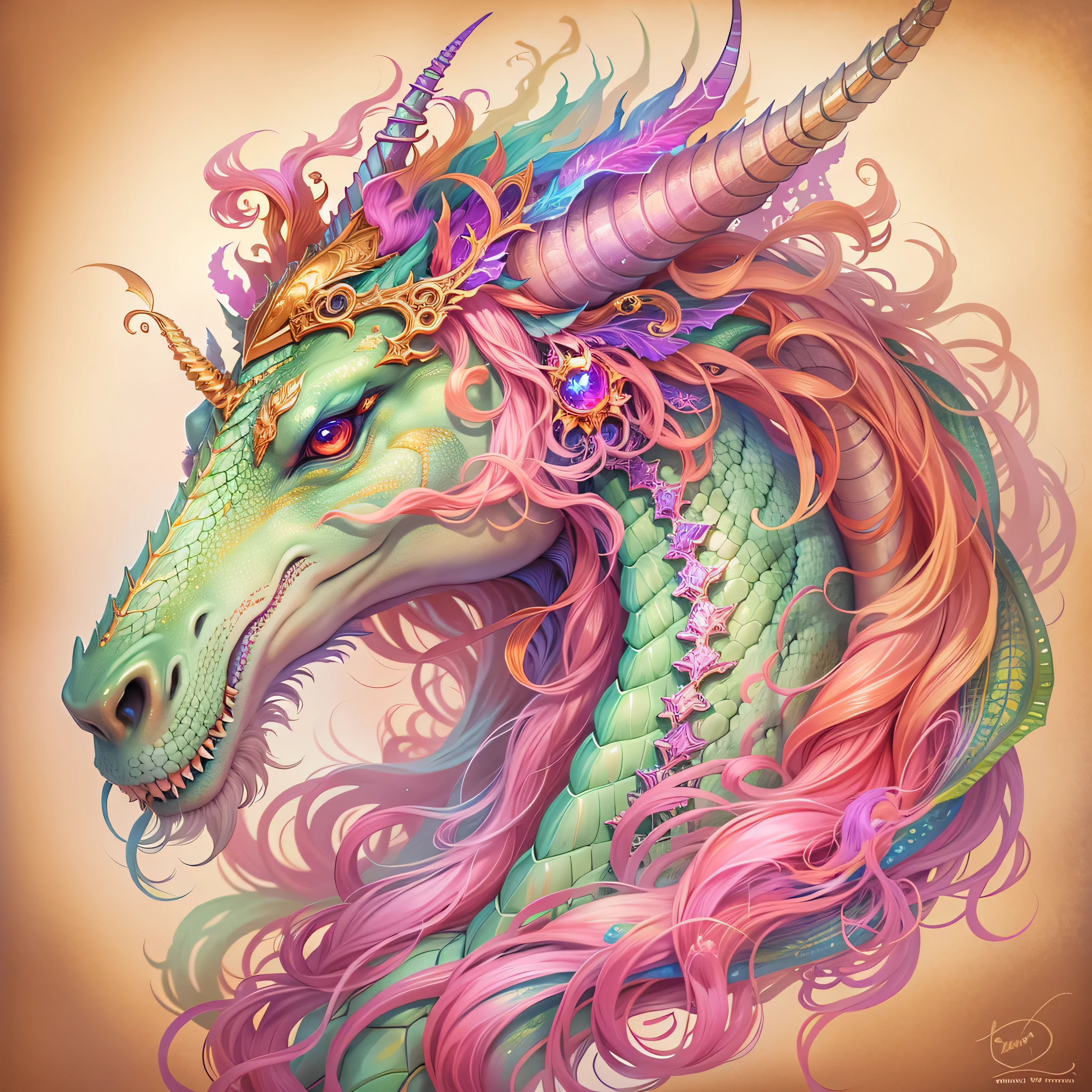 Aurorastyle, highly detailed portrait of a magical dragon unicorn, concept art, illustration, parchment paper, fairytale creature