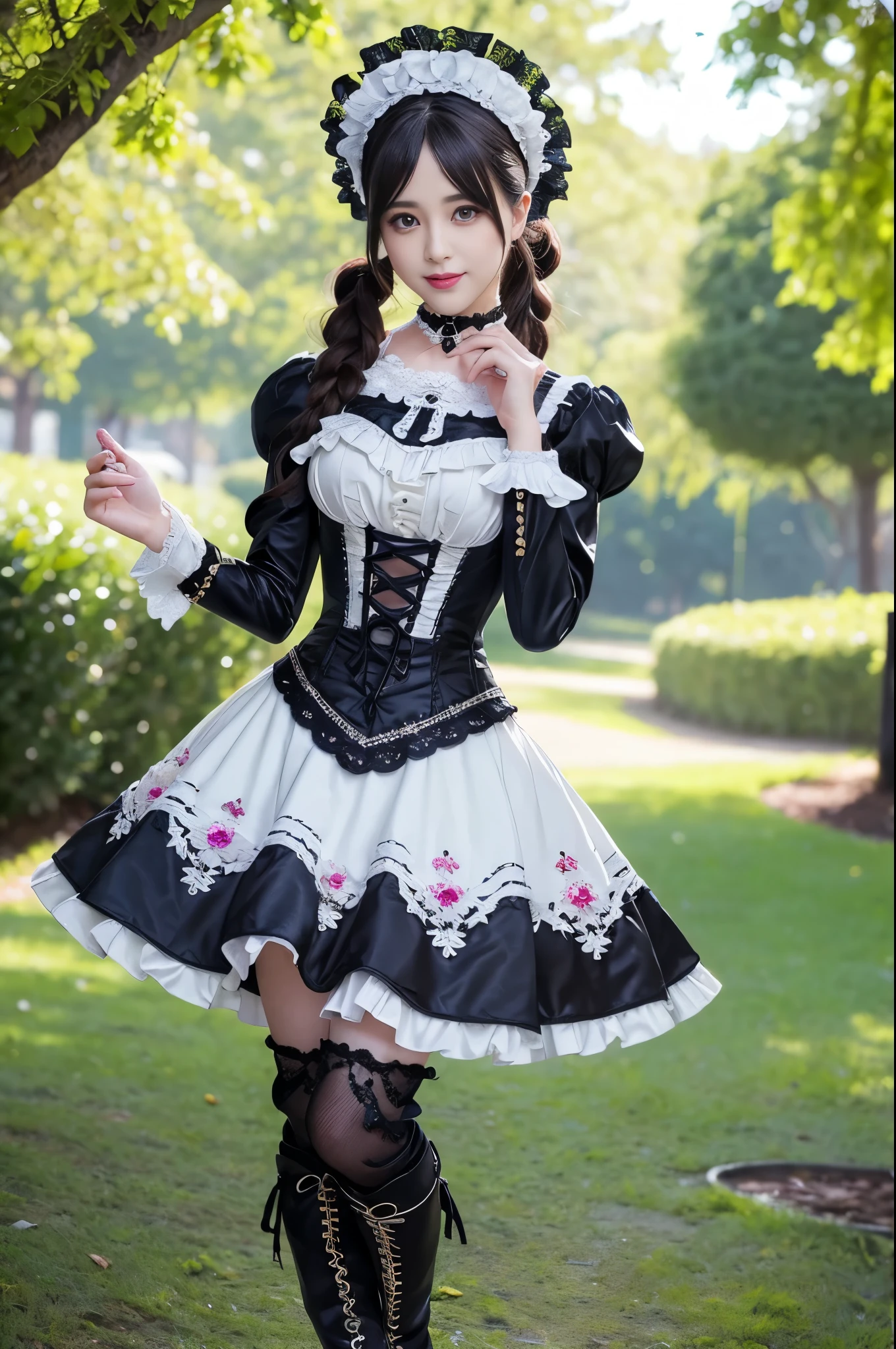 sexy stylish female model, only 1 female, ((doll-like appearance)), ((ultra detailed Victorian-Style boots)), beautiful smile, ultra detailed eyes, vivid eye makeup, lipgloss, long lashes, defined eyebrows, ((sexy Paradise Kiss cosplay)), bell-shaped skirt, petticoats, high neckline, puffed sleeves, (( ultra detailed lace)), ((ultra detailed embroidery)), intricate details, Paradise Kiss accessoires and matching headpiece, choker, ((large sparkling Paradise Kiss jewelry)), cinematic light, detailed large park background with trees 