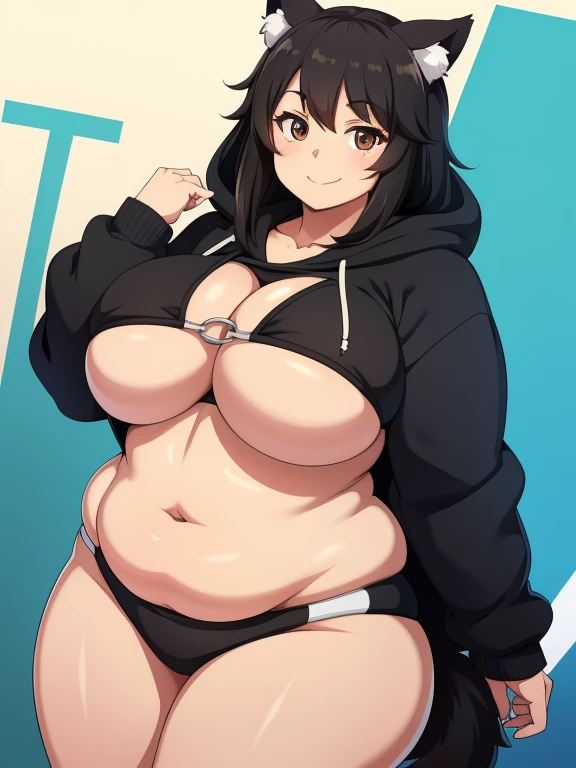 Plump year 21 big breasts smile black hair Brown eyes bikini wolf girl chubby  hoodie