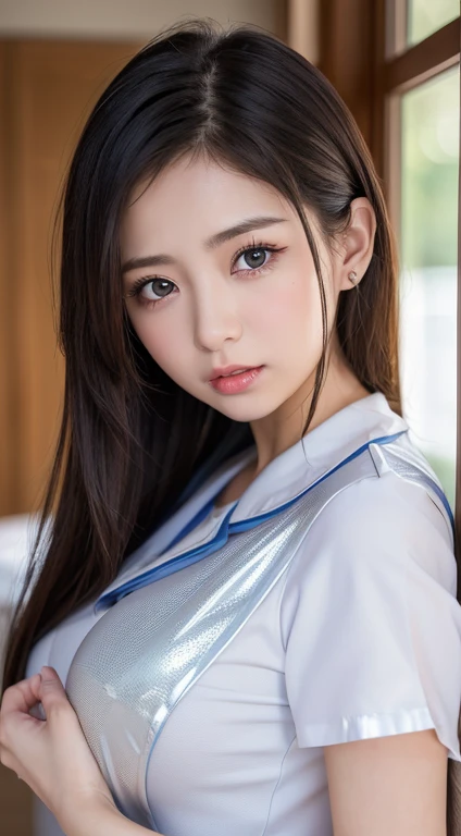 (One woman、japanes、22year old、Refreshing、unclear、Gentle、stylish、attractive narrow eyes、wretched、Cute little angel、cute little、A little chubby、Black eyes、idol,actress、huge tit,Sagging milk),(large drooping breasts).(very cute)、(A dark-haired),mesmerizing eyes、(in 8K、Raw photography、top-quality、masterpiece:1.2、optimal lighting)、masterpiece,(Photos taken by professional photographers),(realisitic、photo realisitic:1.37),break,,(nurse cosplay), ,( A nurse's uniform with a shiny and shiny texture:1.4),(nurse costume), (short cut), all fours,hand on waist,dynamic angle,a little angry
