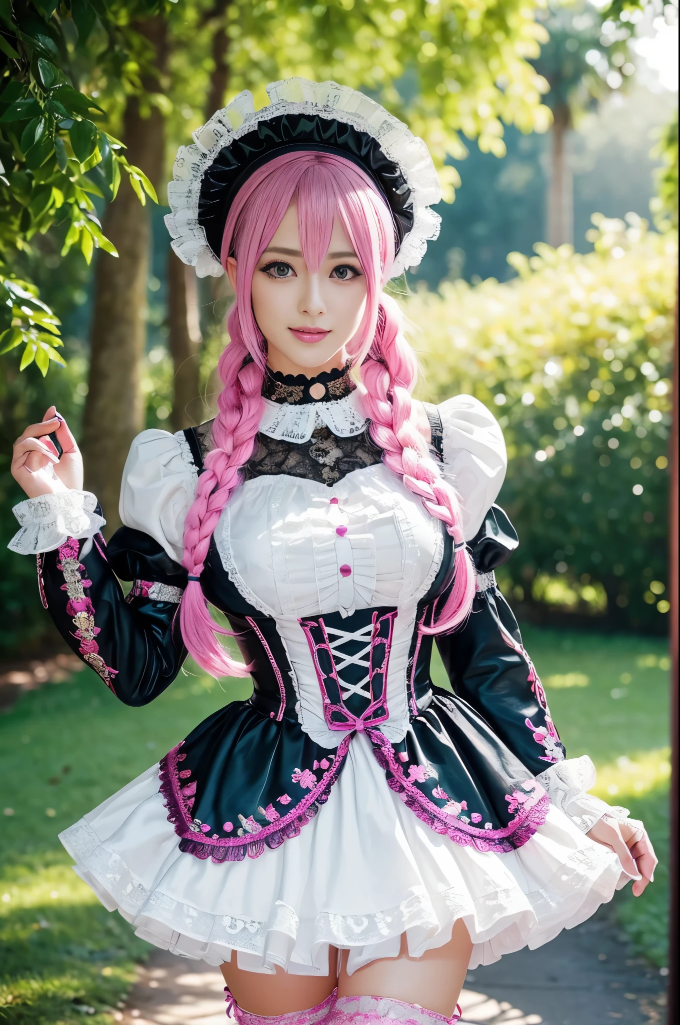 sexy stylish Swedish model, only 1 female, ((doll-like appearance)), long neon pink stylish hair, ((shiny Victorian-Style boots)), beautiful smile, ultra detailed eyes, vivid eye makeup, lipgloss, long lashes, defined eyebrows, ((sexy Paradise Kiss cosplay)), bell-shaped skirt, petticoats, high neckline, puffed sleeves, (( ultra detailed lace)), ((ultra detailed embroidery)), intricate details, Paradise Kiss accessoires and matching headpiece, choker, ((large sparkling Paradise Kiss jewelry)), cinematic light, detailed large park background with trees