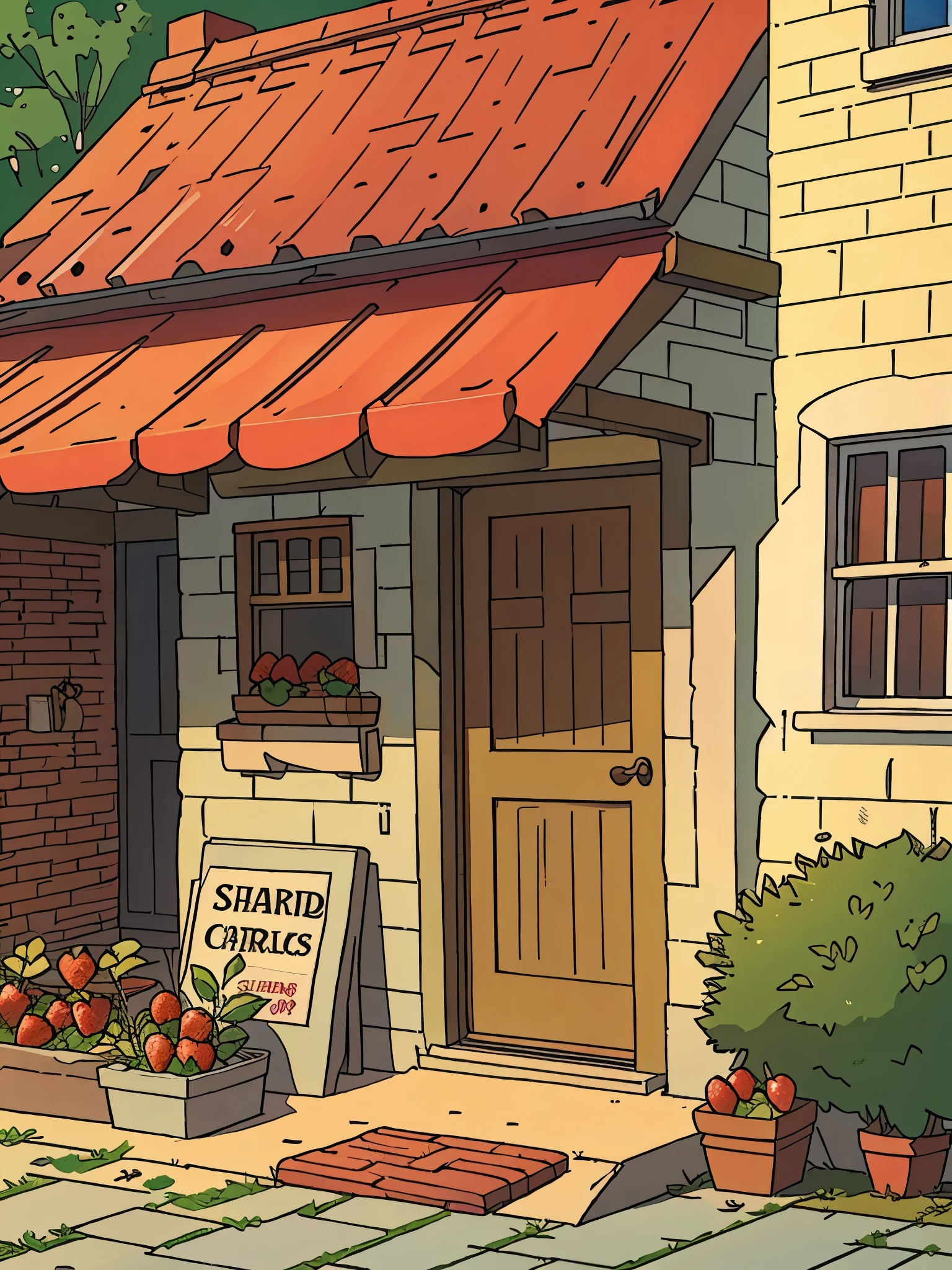 A brick house , door, strawberry shop ,Far view , detailed 