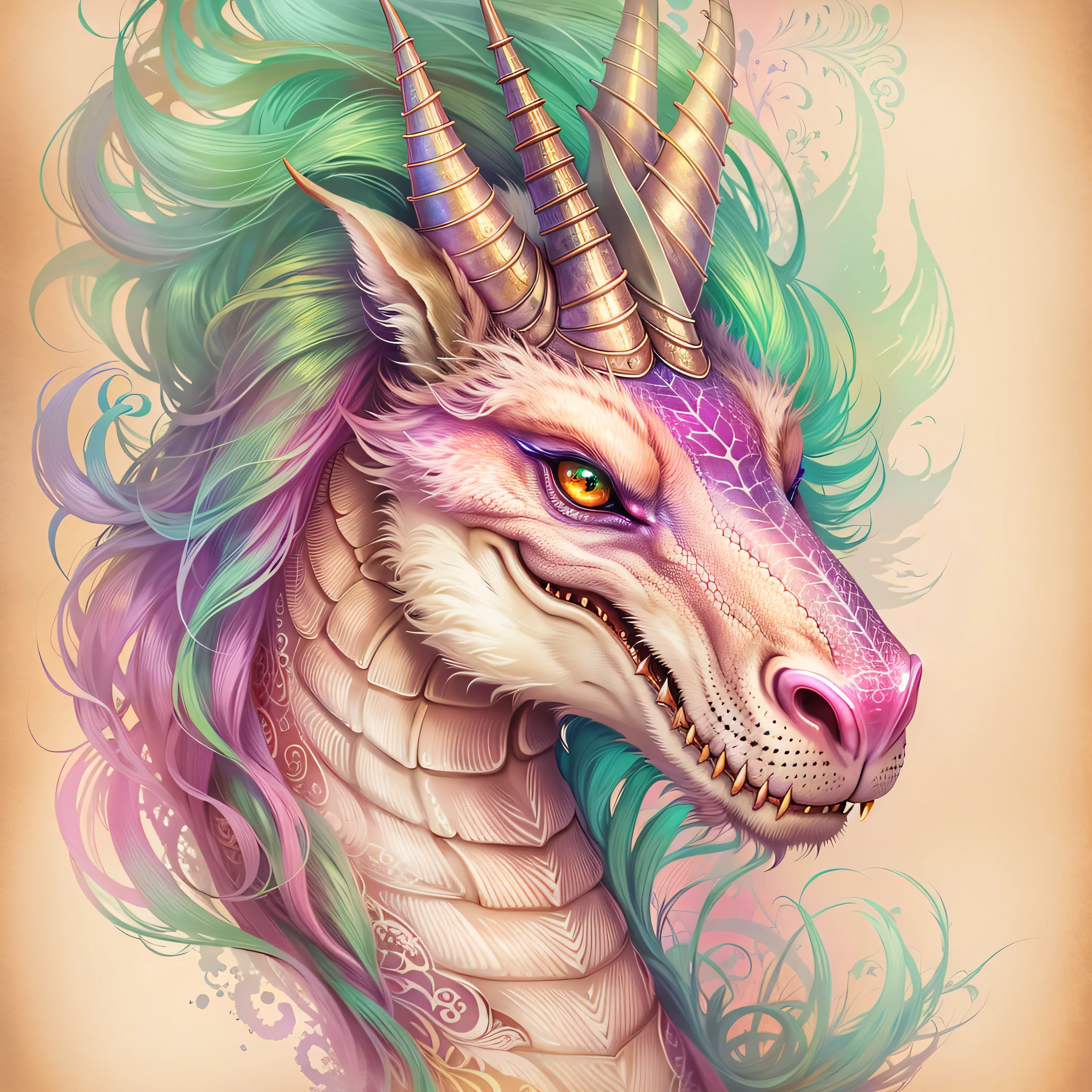 Aurorastyle, highly detailed portrait of a magical dragon unicorn, concept art, illustration, parchment paper, fairytale creature