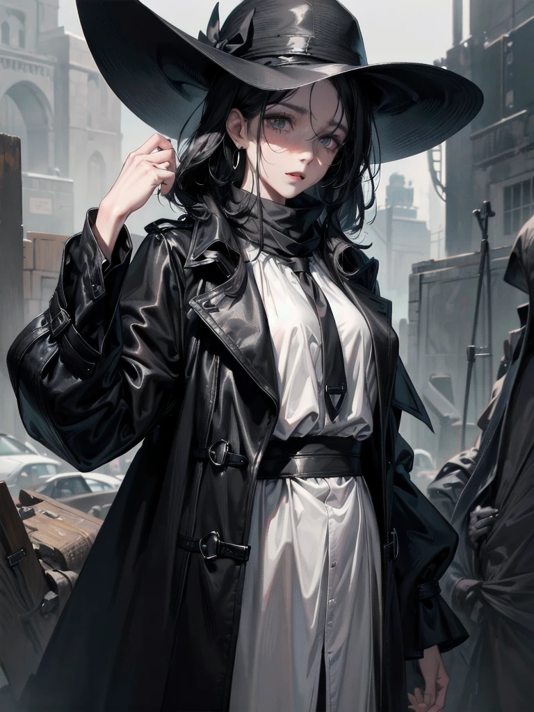 black French wide-brimmed hat, black trench coat, Black scarf, Gauze wrapped around the neck, absurdres, RAW photo, extremely delicate and beautiful, masterpiece, Best Quality, ultra high resolution, 32k, hyperrealistic, ultra-detailed, perfect figure, tearful mole, earring, whole body shot, short medium hair, wavy hair,
