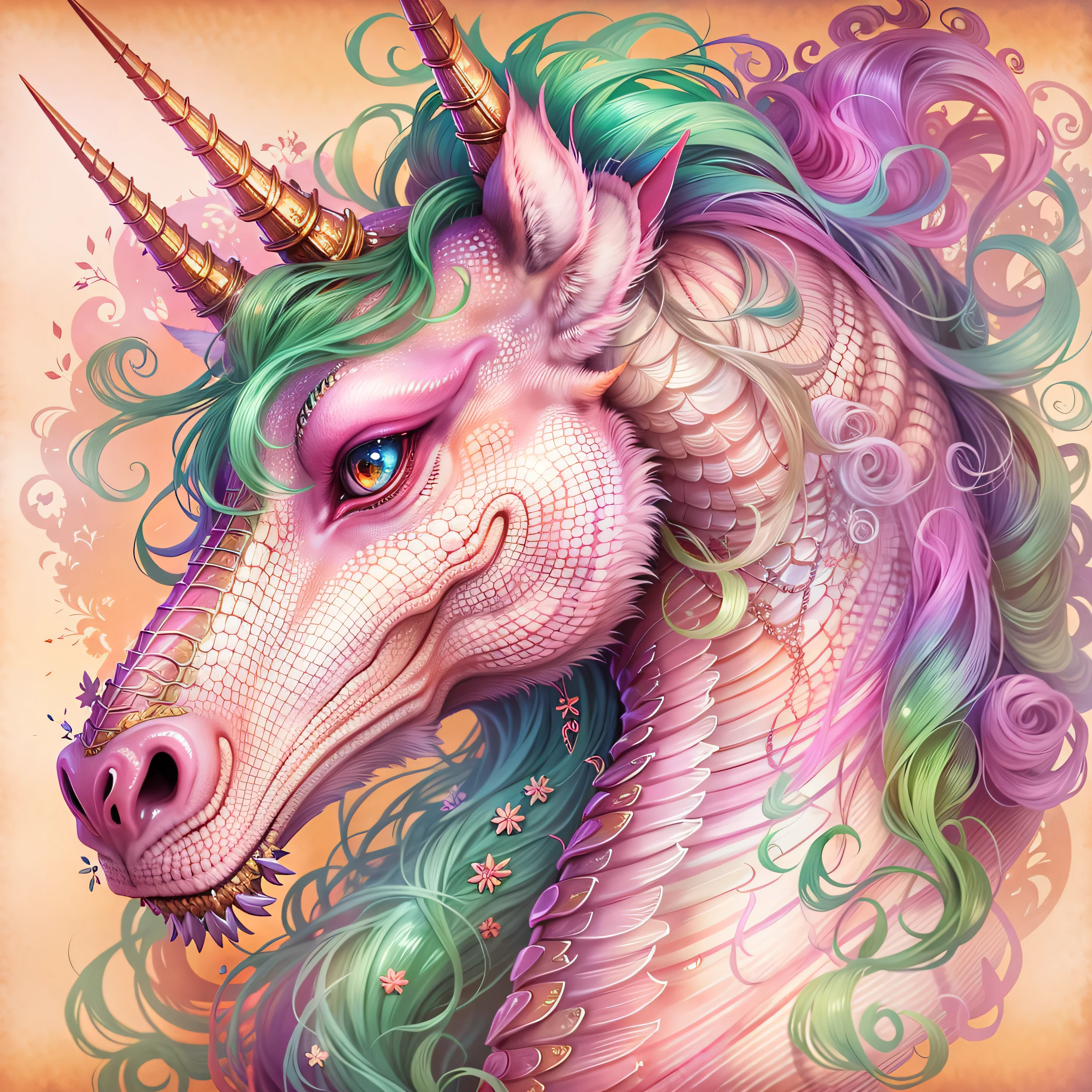 Aurorastyle, highly detailed portrait of a magical dragon unicorn, concept art, illustration, parchment paper, fairytale creature
