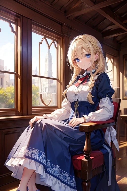 masterpiece, highest quality, High resolution, 37-year-old woman、blue eyes、
blonde, Braiding、Crimson frill dress、Long skirt、Western-style building、Sit by the window