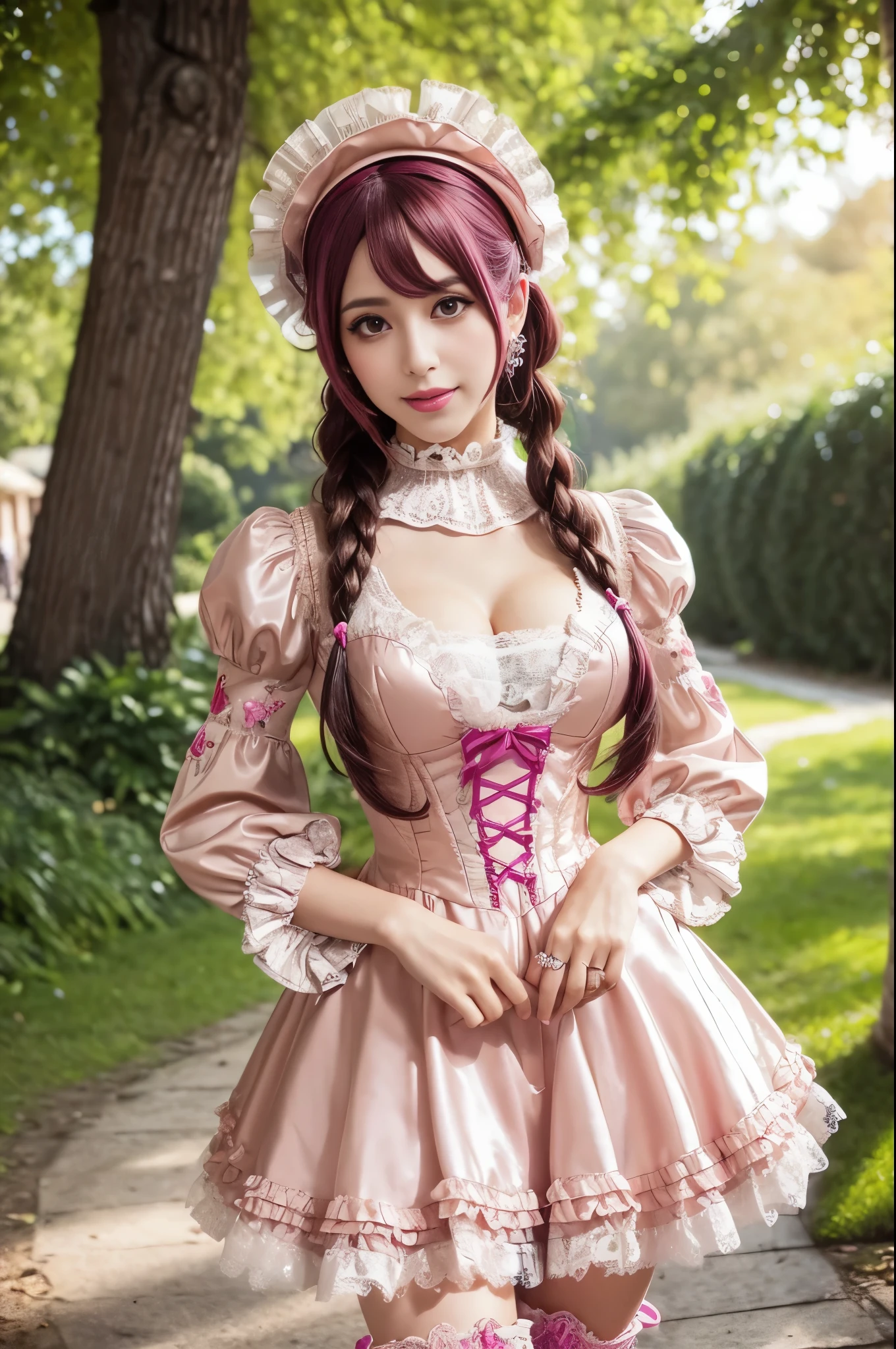 sexy stylish Spanish model, only 1 female, ((doll-like appearance)), long neon pink stylish hair, ((ultra detailed Victorian-Style boots)), beautiful smile, ultra detailed eyes, vivid eye makeup, lipgloss, long lashes, defined eyebrows, ((sexy Paradise Kiss cosplay)), bell-shaped skirt, petticoats, high neckline, puffed sleeves, (( ultra detailed lace)), ((ultra detailed embroidery)), intricate details, Paradise Kiss accessoires and matching headpiece, choker, ((large sparkling Paradise Kiss jewelry)), cinematic light, detailed large park background with trees