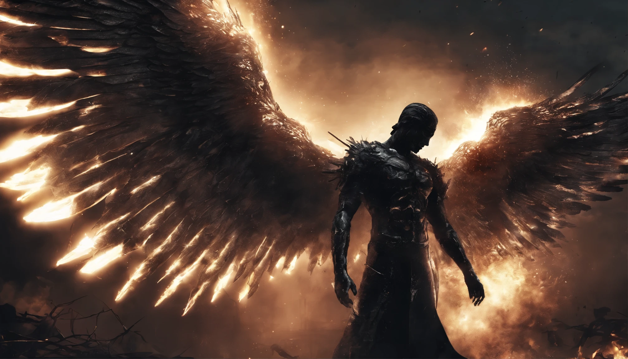 Fallen male Angel, front view, dirty body, ((face to viewer)), fire, inferno, sparks, industrial wings, Biomechanical, eerie, Dream-like, Very dark colors, Light particles, with light glowing, Lucifer, wallpaper art, UHD wallpaper, fire sparks,