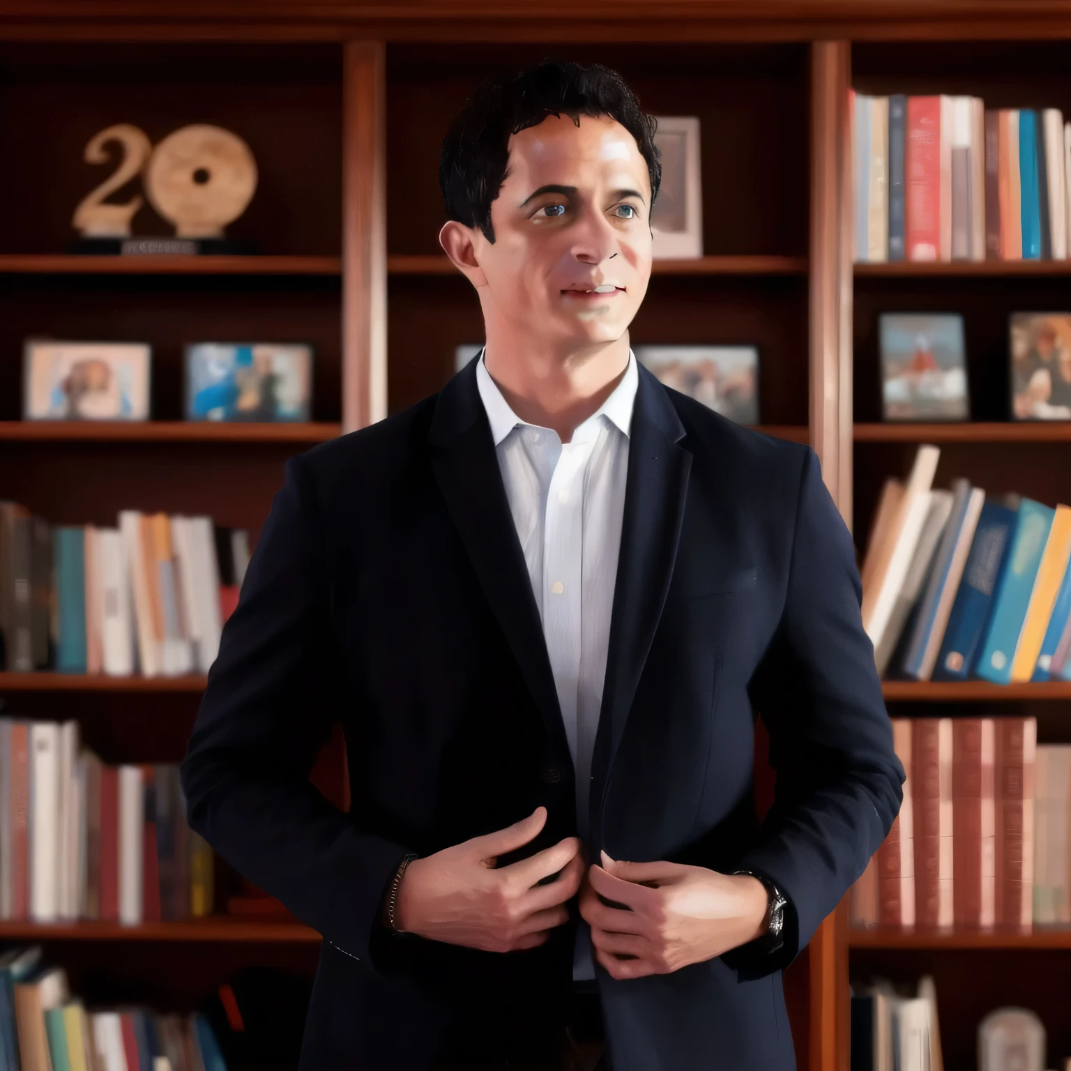 Arafed man in suit standing in front of a bookshelf, por Felipe Dispositivo, ricardo milos, edu sousa, inspired by Joaquín Torres García, Jeremy Lipkin, by Alexander Obregon, christian orrillo, julian calle, David Ríos Ferreira, por Fernando Gerassi, autor, arte mixto, ignacio fernandez rios