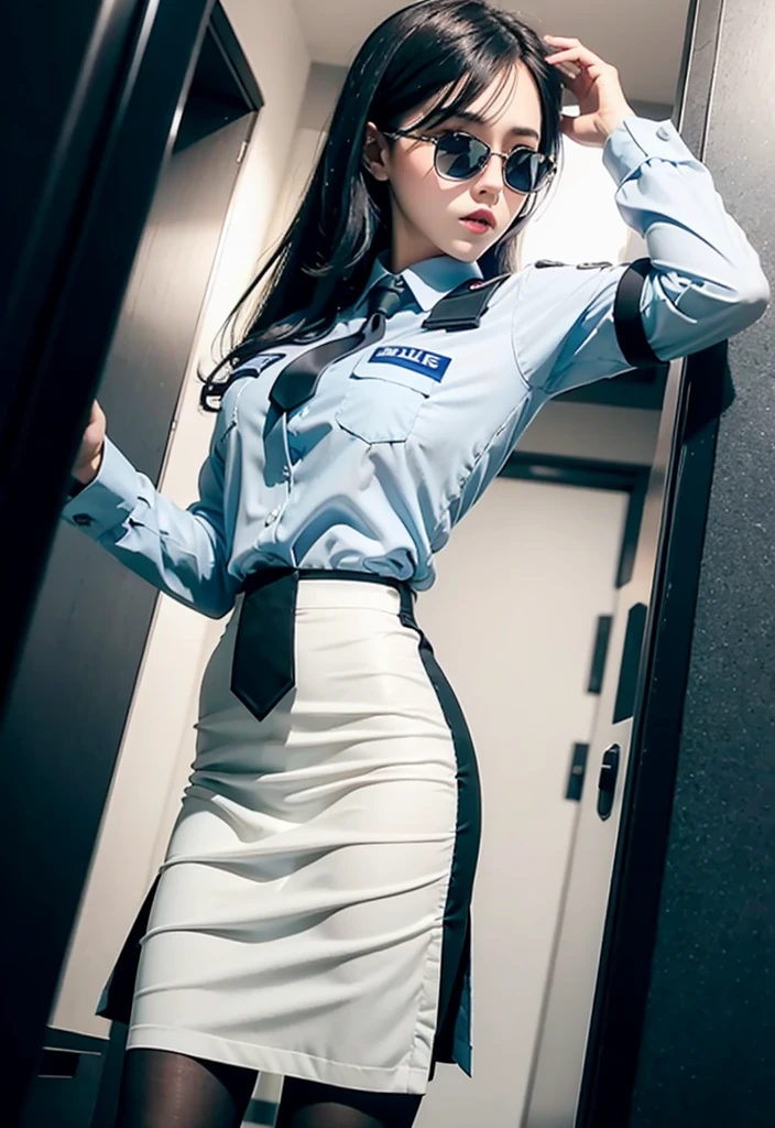 Blue police uniform shirt,Black skirt and black pantyhose
