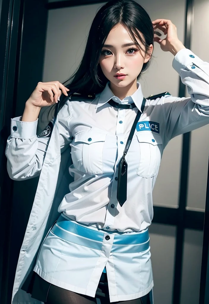 Blue police uniform shirt,Black skirt and black pantyhose