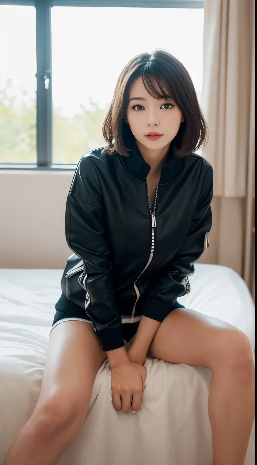「In a room with white curtains and natural light、A beautiful woman in a black zipper jacket is posing on her knees on a bed。The woman's expression is soft、Long black hair hanging over her shoulders。A wooden floor can be seen in the background.、The entire room exudes a simple and calm atmosphere.。」