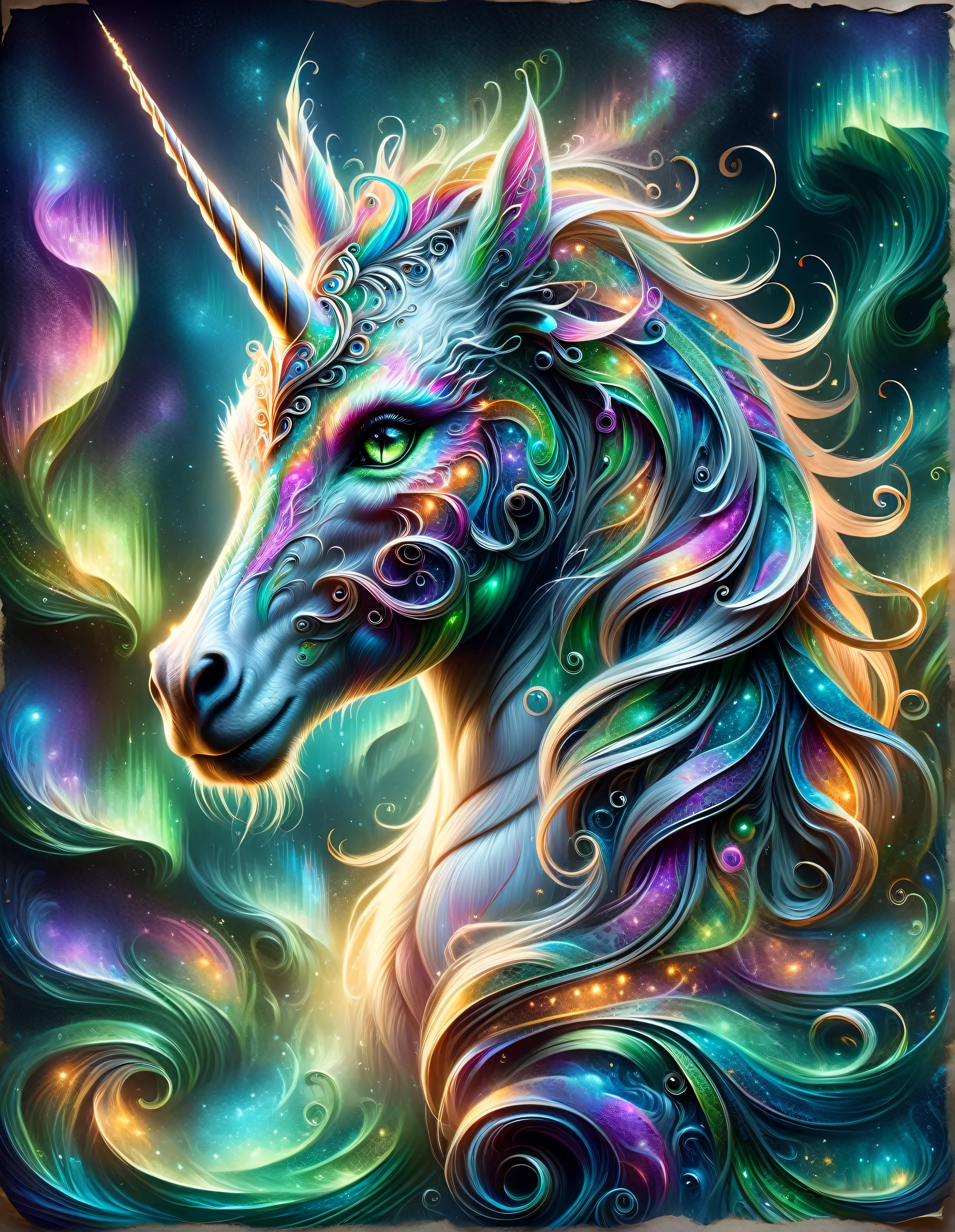 Aurorastyle, highly detailed portrait of a magical dragon unicorn, concept art, illustration, parchment paper, fairytale creature
