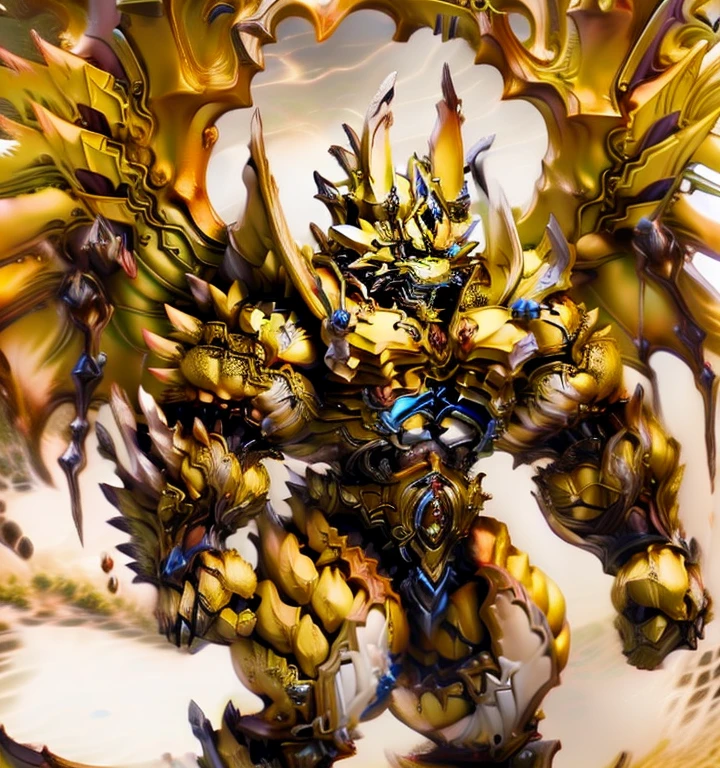 (Zeraora), (masterpiece, best quality, detailed:1.5), (nj5furry) (medieval armor:1.3) sparkling skin, Vibrant colors, 4K, GOLD armor, Its full plate armor emphasizes the muscles. big muscle (pecs, triceps, traps) unusually developed muscular body, body full of huge muscles. showing off muscles, pectorales enormes. Exaggeratedly huge muscles. Gigachad Muscular, Very muscular, Large pecs, Spread wings, It has wings. have big wings. has 10 large wings. It has large golden wings. The feathers on its wings are detailed and realistic.