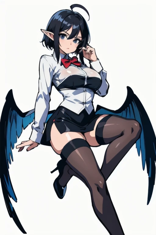 tiny fairy, flying in the air, large breasts, chibi art, button down shirt, bow tie, see through button shirt, red bra underneath shirt, large breasts, black pencil skirt, black stockings, wearing laced high heels, giant fairy wings, elf ears, skimpy outfit, black hair, straight short hair, bangs, seductive, tiny hands and feet, big simple eyes, serious look, fluttering, simple background, white background, full body, entire body showing, full body art,
