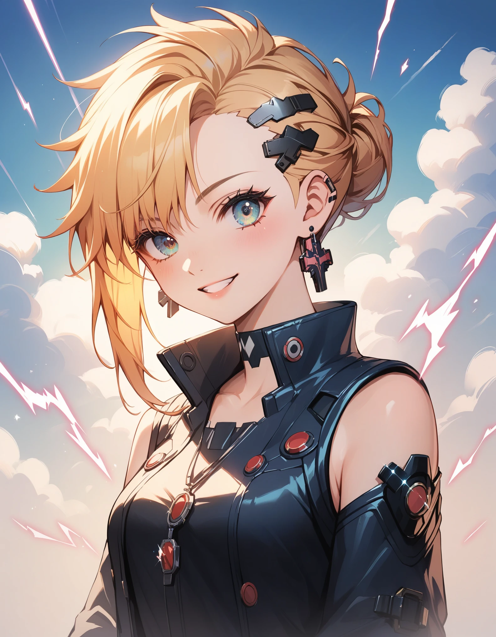score_9, score_8_up, score_7_up, score_6_up, rating_safe, masterpiece, best quality, ultra detailed, anime style, Within a high-tech city, a cute girl commands electricity, sparks cascading along her fingertips. Her cyberpunk-inspired outfit, with circuit-like patterns, resonates with the neon-lit surroundings as she harnesses the energy of the urban landscape