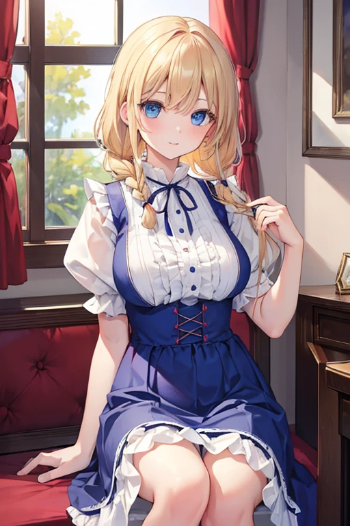 masterpiece, highest quality, High resolution, 37-year-old woman、blue eyes、
blonde,  Braiding、Crimson frill dress、Long skirt、Western-style building、Sit by the window