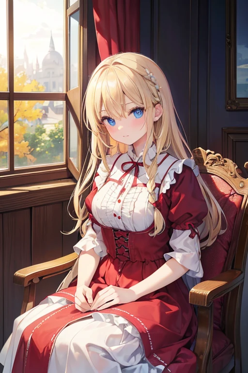 masterpiece, highest quality, High resolution, 37-year-old woman、blue eyes、
blonde, Braiding、Crimson frill dress、Long skirt、Western-style building、Sit by the window