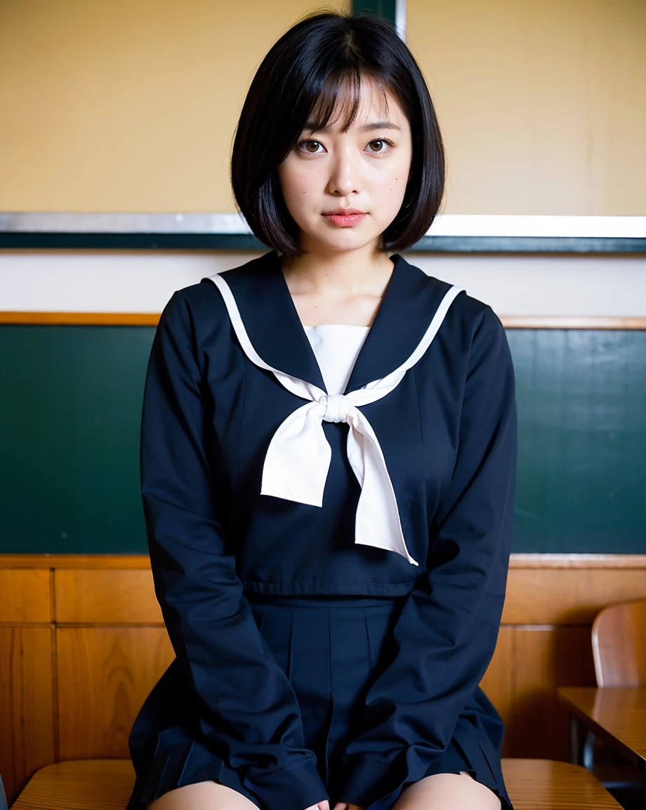 highest quality, Face Focus, Soft Light, 超A high resolution, (Realistic:1.4), RAW Photos,1 Japanese girl, alone, cute, (A shy smile:0.5), (Black eyes, Light in your eyes),  Beautiful face in every detail,,(High resolution detail of human skin texture),(Short Bob Hair),In the classroom,Japanese Sailor Suit, Best, skirt