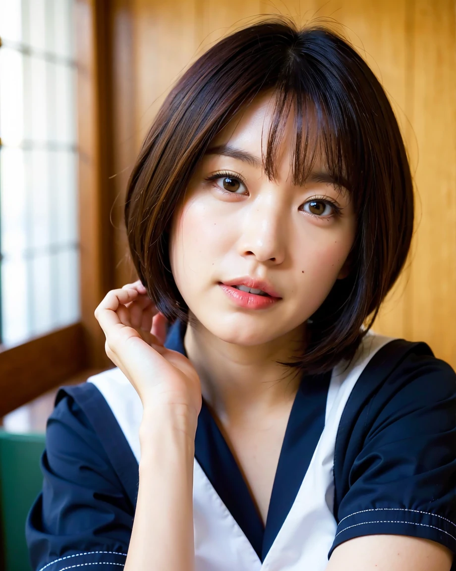 highest quality, Face Focus, Soft Light, 超A high resolution, (Realistic:1.4), RAW Photos,1 Japanese girl, alone, cute, (A shy smile:0.5), (Black eyes, Light in your eyes),  Beautiful face in every detail,,(High resolution detail of human skin texture),(Short Bob Hair),In the classroom,Japanese Sailor Suit, Best, skirt
