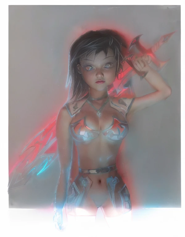 a ultra beautiful girl, with a (black techno fantasy armor) and a great sword in the back, cute, 12k, uhd, photorealistic, (red neon lights), (black short hairs), ((european race)), (ultra beautiful gorgeous realistic), naked belly and (naked arms)