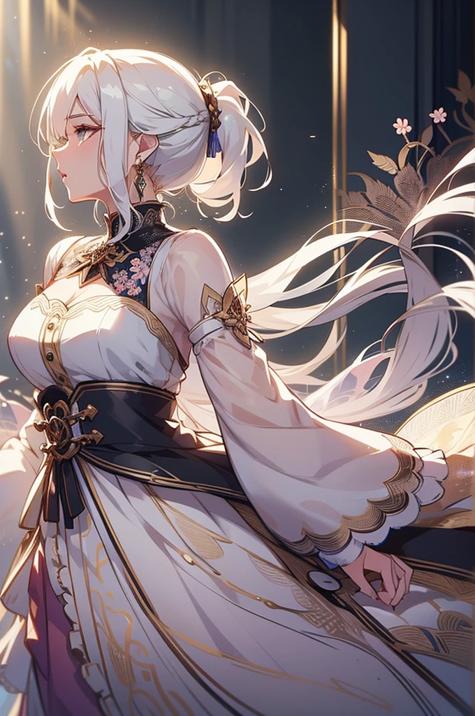 Generate hyper realistic image of a woman in a short dress with a floral print, her long sleeves adding a touch of elegance as she stands in a cowboy shot pose. Her white hair is styled in a chic ponytail, drawing attention to her striking profile and luscious lips, while dangling earrings catch the light.