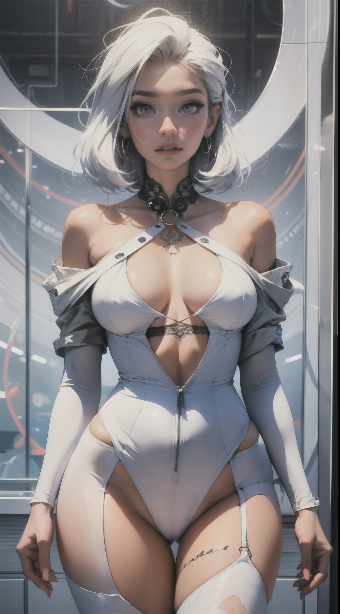 "1 mulher com uma roupa branca semitransparente e estilosa, featuring curves and artistic concepts, cabelo branco, neck tattoos, sensual, with circles and fractals in the background")