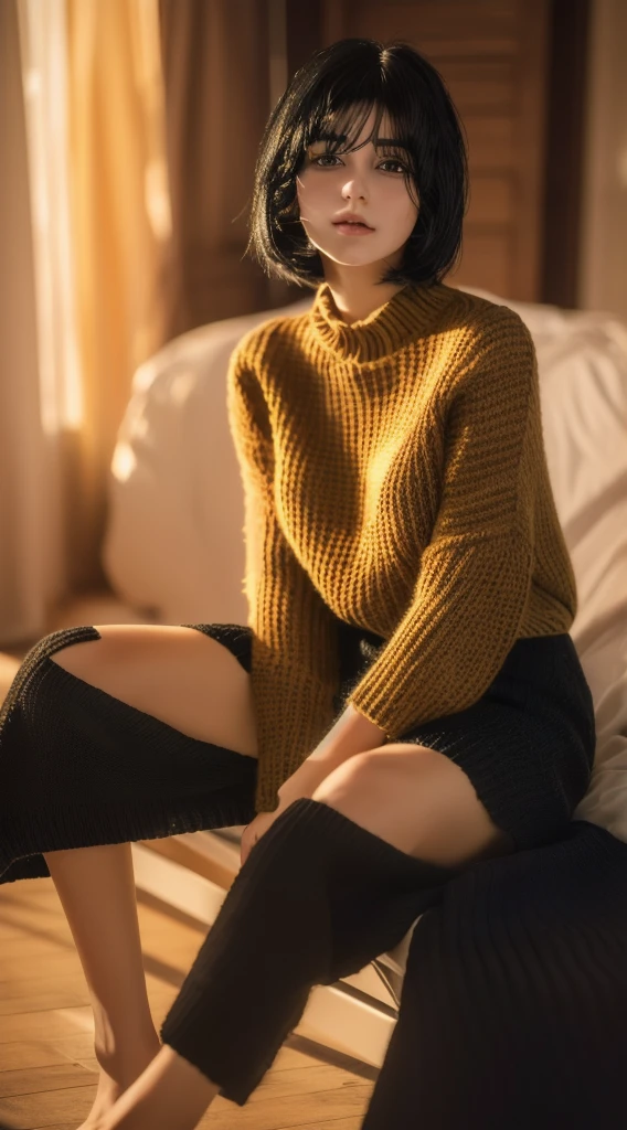 (masterpiece:1.3), (8k, Realistic, RAW Photos, highest quality: 1.4), (One girl), Beautiful Face, (Realistic Face), (Black Hair, short hair:1.3), Beautiful Hairstyles, Realistic eyes, Beautiful fine details, (Realistic Skin), Beautiful Skin, (sweater), Absurd, Charm, Ultra-high resolution, Ultra-realistic, Very detailed, Golden Ratio