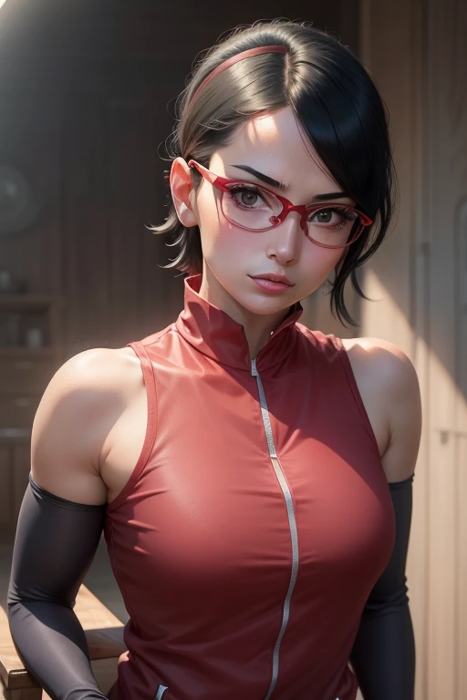 (highres,masterpiece:1.2),ultra-detailed,realistic,professional,beautiful detailed eyes,beautiful detailed lips,dark hair,short black hair,red glasses,stunning black eyes,clear skin,18-year-old girl,fashionable short hairstyle,vibrant red glasses,Shinobi Academy,fierce determination,confident posture,crimson outfit,intense gaze,background filled with ninjutsu techniques,shadows cleverly accentuating her features,subtle studio lighting,sublime realism,striking color tones