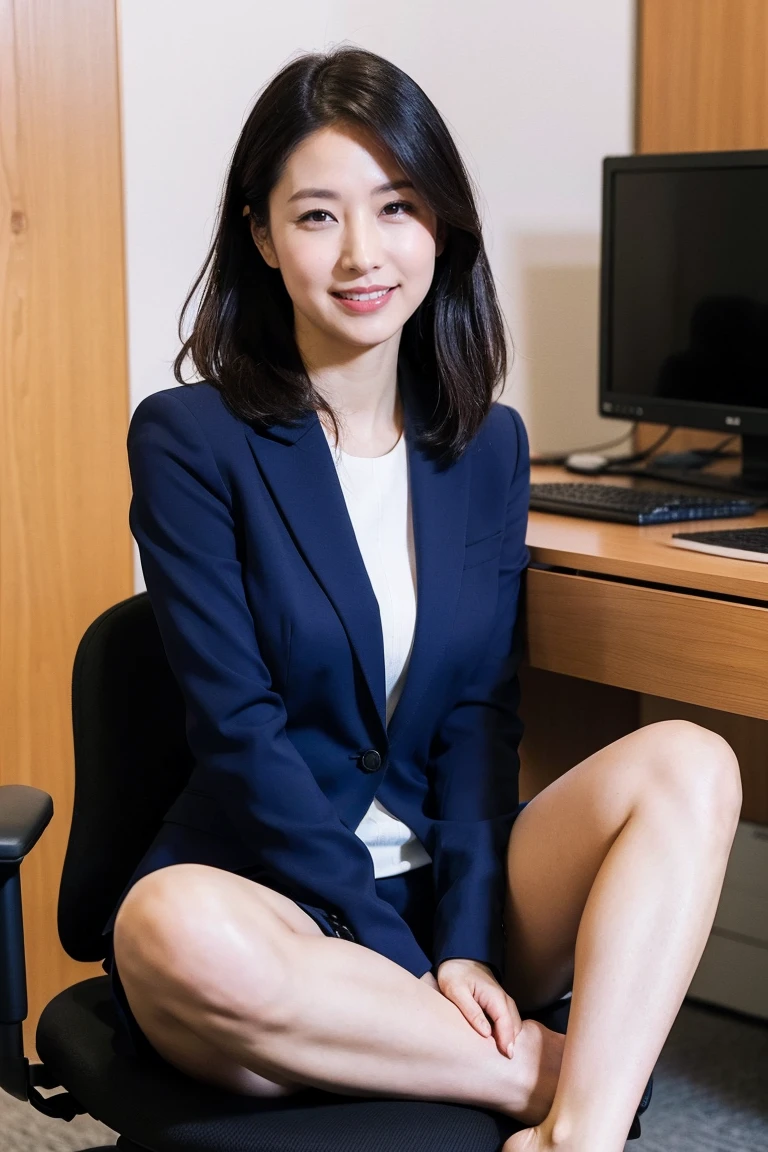 highest quality, Pieces fly, Realistic, High resolution, 8k　RAW Photos,alone, One girl, 30 years old、sitting in an office chair、smile、Spread your legs wide、suit、High heels