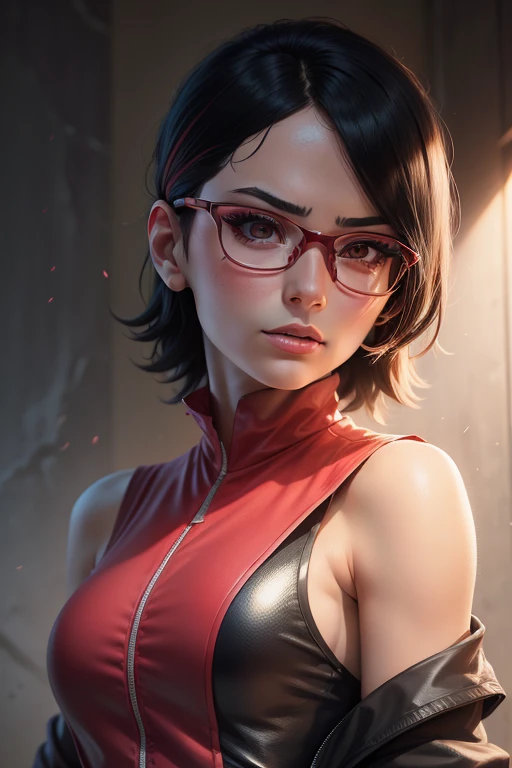 (highres,masterpiece:1.2),ultra-detailed,realistic,professional,beautiful detailed eyes,beautiful detailed lips,dark hair,short black hair,red glasses,stunning black eyes,clear skin,18-year-old girl,fashionable short hairstyle,vibrant red glasses,Shinobi Academy,fierce determination,confident posture,crimson outfit,intense gaze,background filled with ninjutsu techniques,shadows cleverly accentuating her features,subtle studio lighting,sublime realism,striking color tones