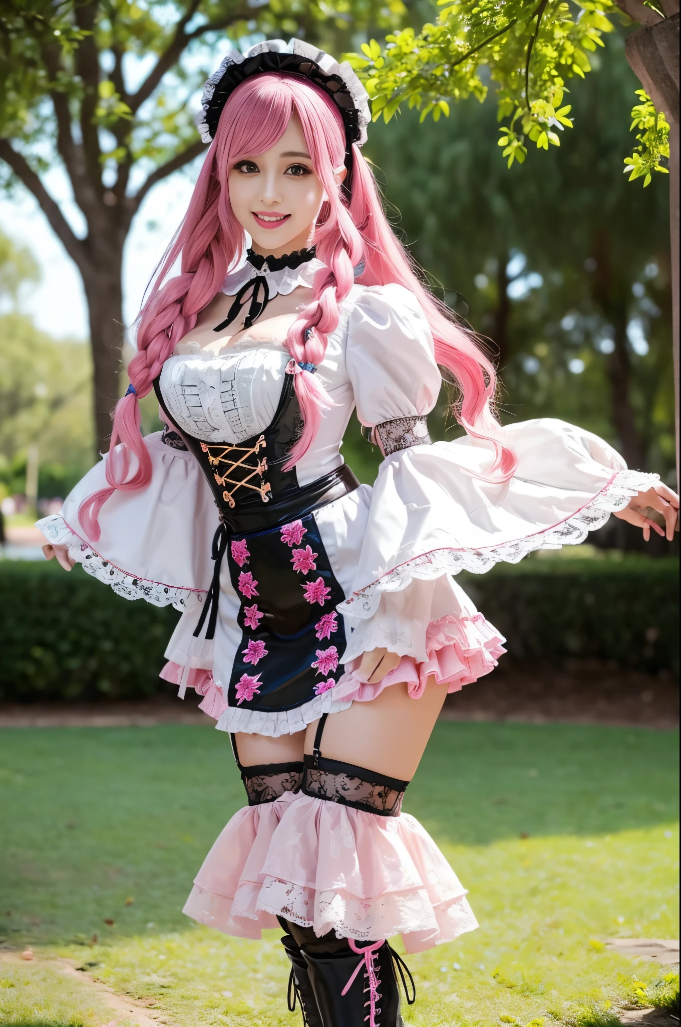 sexy stylish Spanish model, only 1 female, ((doll-like appearance)), long neon pink stylish hair, ((ultra detailed Victorian-Style boots)), ((big smile)), ultra detailed eyes, vivid eye makeup, lipgloss, long lashes, defined eyebrows, ((sexy Paradise Kiss cosplay)), bell-shaped skirt, petticoats, high neckline, puffed sleeves, (( ultra detailed lace)), ((ultra detailed embroidery)), intricate details, Paradise Kiss accessoires and matching headpiece, choker, ((large sparkling Paradise Kiss jewelry)), cinematic light, detailed large park background with trees 