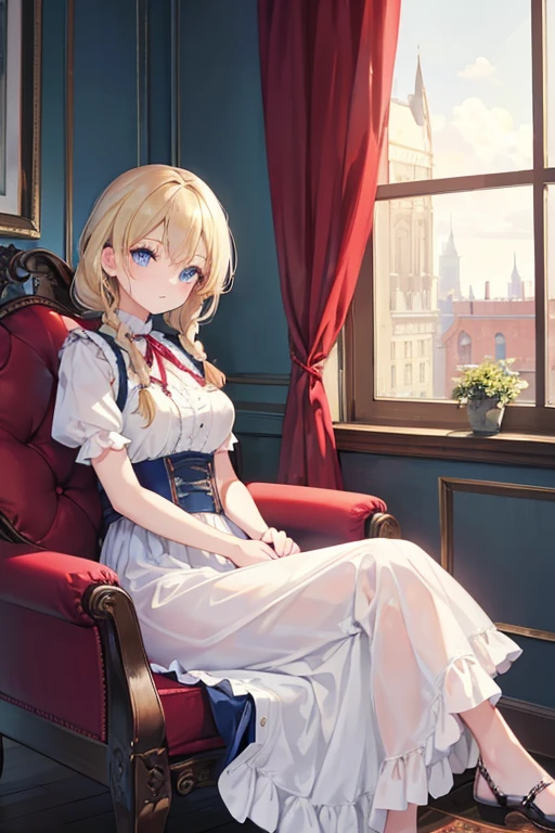 masterpiece, highest quality, High resolution, 47-year-old woman、blue eyes、
blonde,  Braiding、Crimson frill dress、Long skirt、Western-style building、Sit by the window