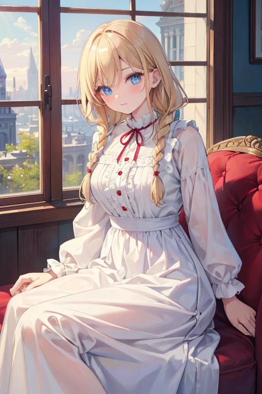 masterpiece, highest quality, High resolution, 47-year-old woman、blue eyes、
blonde, Braiding、Crimson frill dress、Long skirt、Western-style building、Sit by the window