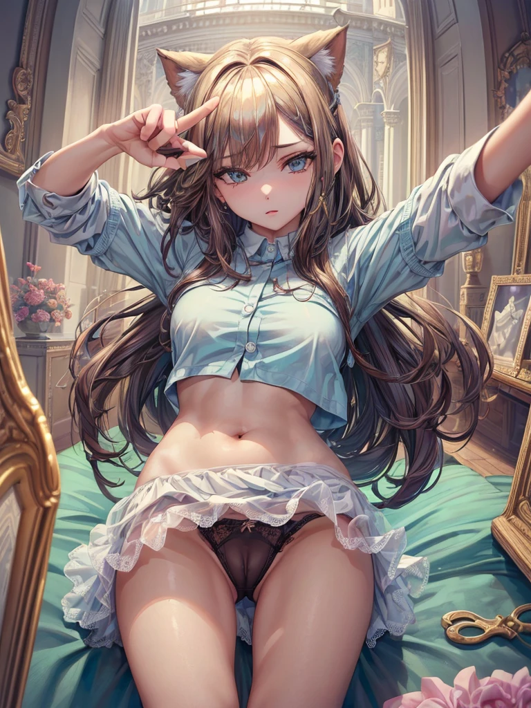 ((((Best Quality, 8K, 32K, masterpiece, 1.2)))),{{solo}},nsfw,{{{Artist: Torino Aqua's style}}},((perfect beautiful face:1.2)), nsfw, pov,(selfie:1.2),phone_screen,head_out_of_frame, (fisheye distorted lens:1.2),on bed,bedroom, ,(shirt lift:1.2),((spreading pussy with fingets:1.3)),((a lot of public hairs:1.3)), vivid pussy, high quality of vagina, leaking pussy juice from pussy, focus crotches, show panties ,lace panties, navel