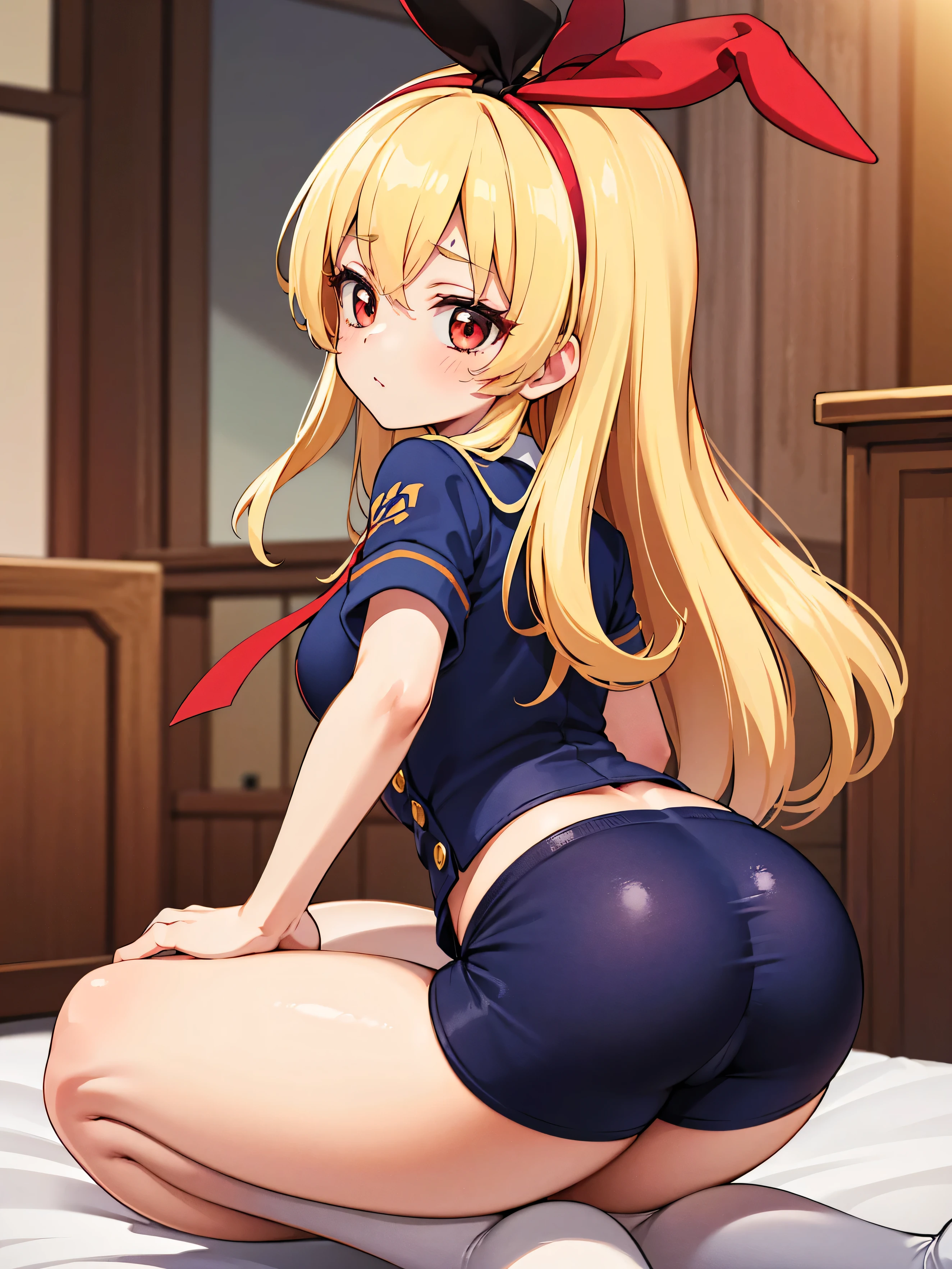 (masterpiece, best quality, highly detailed, ultra detailed, high resolution, absurdres, 4K, 8K:1.2),
BREAK,shimakaze uniform:1.5, s GIRL,Blonde_HAIR,(RED Ribbon on HAIRband:1.2),WHITE tights, hosimiya ichigo,,rawl on all fours,((ass focus, hip focus)),arched back,looking back