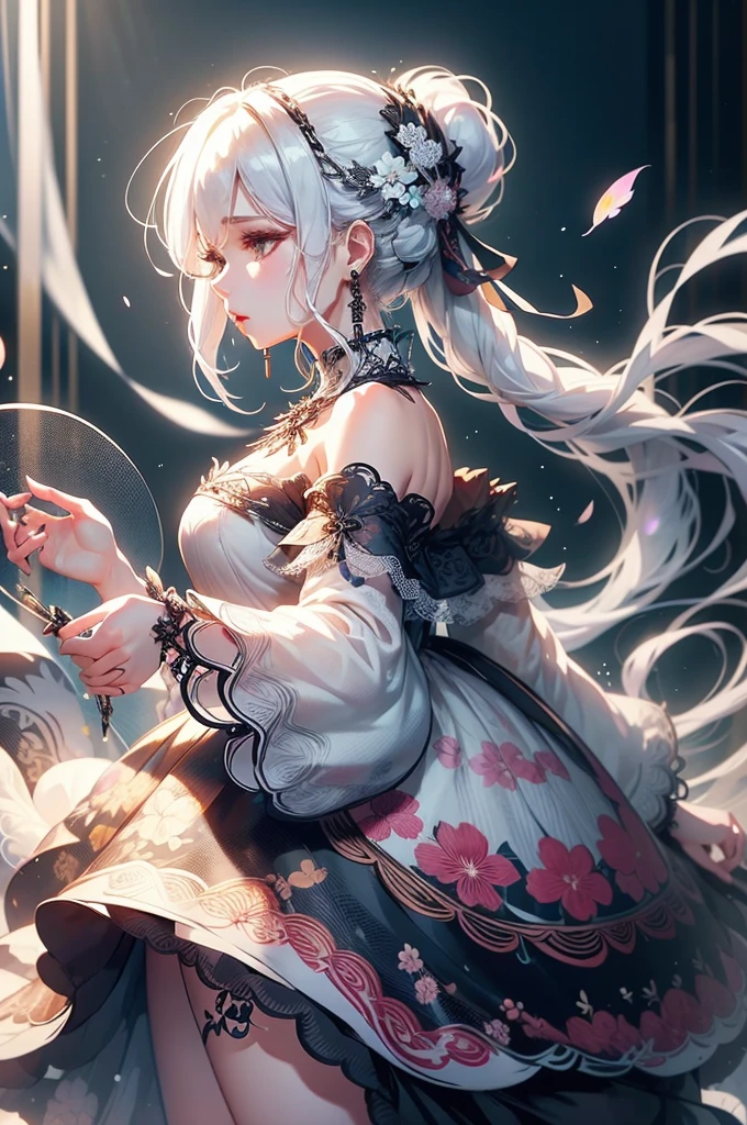 Generate hyper realistic image of a woman in a short dress with a floral print, her long sleeves adding a touch of elegance as she stands in a cowboy shot pose. Her white hair is styled in a chic ponytail, drawing attention to her striking profile and luscious lips, while dangling earrings catch the light.