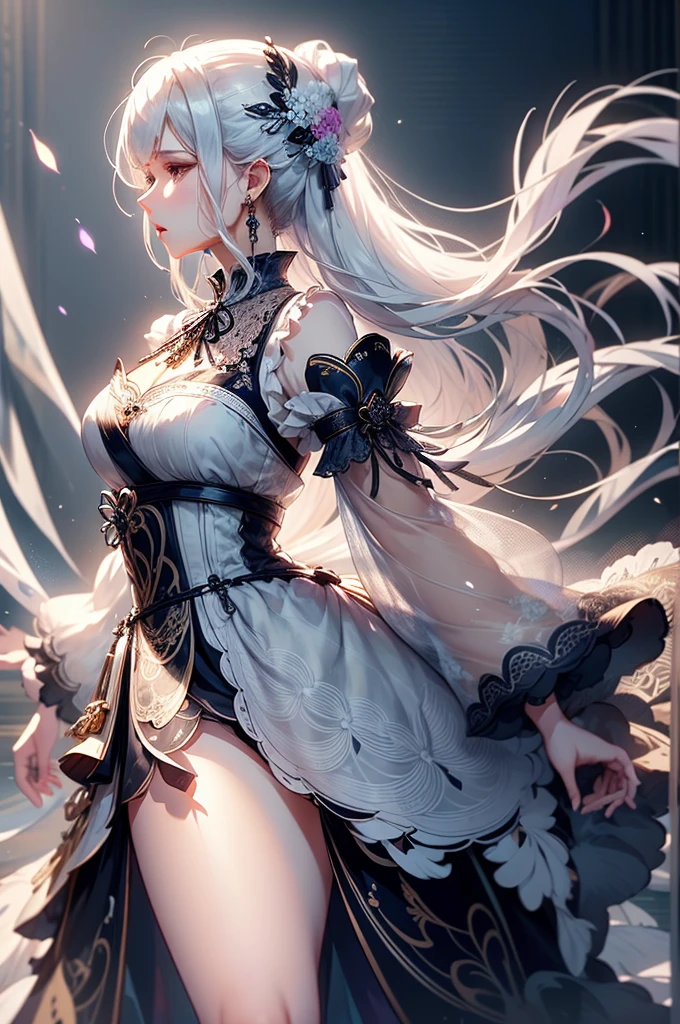Generate hyper realistic image of a woman in a short dress with a floral print, her long sleeves adding a touch of elegance as she stands in a cowboy shot pose. Her white hair is styled in a chic ponytail, drawing attention to her striking profile and luscious lips, while dangling earrings catch the light.