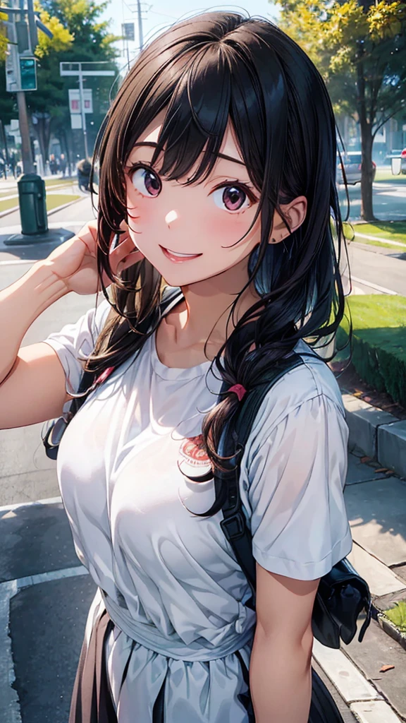 (Woman close up)、Depiction of the upper body、((30-year-old female))、A cheerful smile、Bob Hair、(Open your mouth a little、High resolution、16k))、Sporty summer clothes、Early morning park、