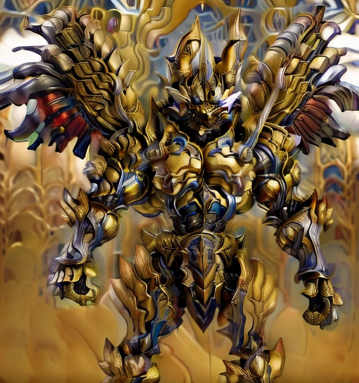 (Zeraora), (masterpiece, best quality, detailed:1.5), (nj5furry) (medieval armor:1.3) sparkling skin, Vibrant colors, 4K, GOLD armor, Its full plate armor emphasizes the muscles. big muscle (pecs, triceps, traps) unusually developed muscular body, body full of huge muscles. showing off muscles, pectorales enormes. Exaggeratedly huge muscles. Gigachad Muscular, Very muscular, Large pecs, Spread wings, It has wings. have big wings. has 10 large wings. It has large golden wings. The feathers on its wings are detailed and realistic.