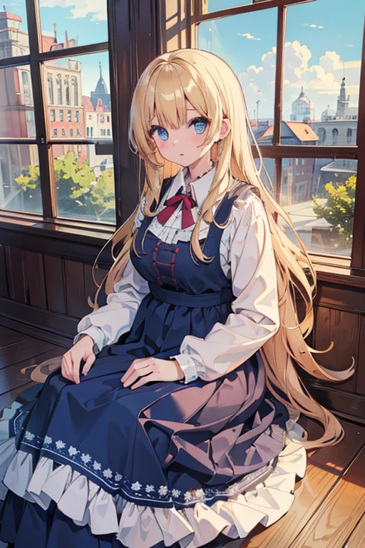 masterpiece, highest quality, High resolution, 47-year-old woman、blue eyes、
blonde,  Long Hair、Crimson frill dress、Long skirt、Western-style building、Sit by the window