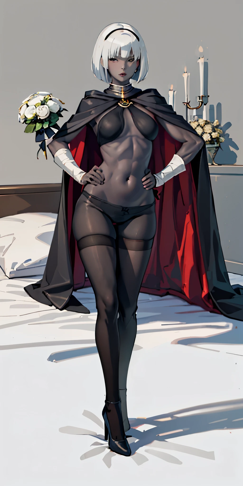 full body female (Warhammer Art Style, Adepta Sororitas, Battle Sister, White hair, bob haircut with bangs. 16k ultra hd, portrait), holding hands a bouquet (both hands) photorealistic, fullbody, bedroom background, royal bedroom, black gloves, black socks, tiara, white hair, laying down on bed, red cape, yellow bikini, high heels, raw photo, DSLR, 8k, 4k, UHD, DSLR, high quality, soft lighting, nikon, canon, hands on hips. red tattoo on belly