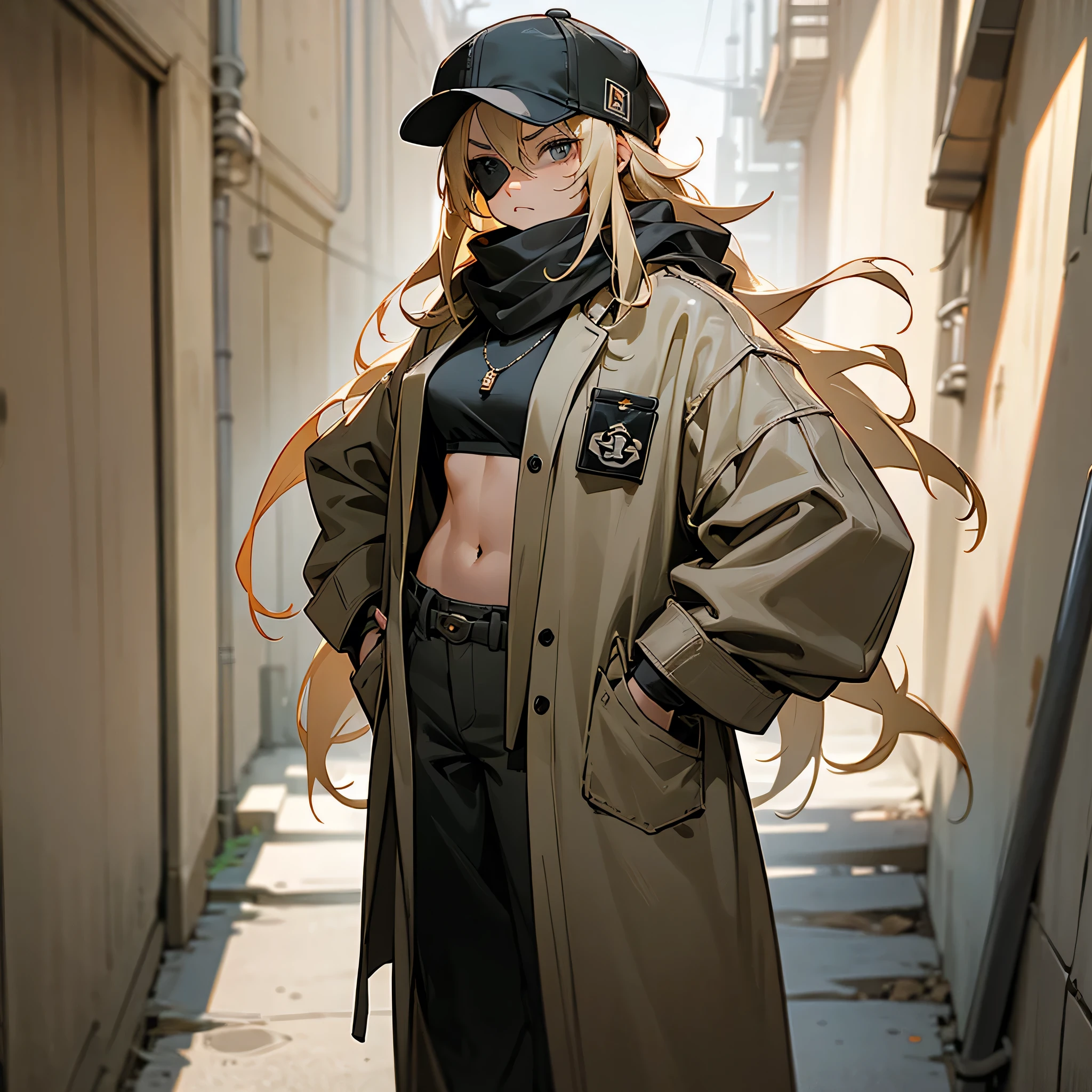 1female, young adult, tan skin, finely detailed grey eyes, eye patch, wild long hair, blonde hair, open baggy overcoat, scarf, loose baggy pants, loose baggy crop top, baseball cap, serious expression, necklace, serious expression, standing In alley, hands in pocket