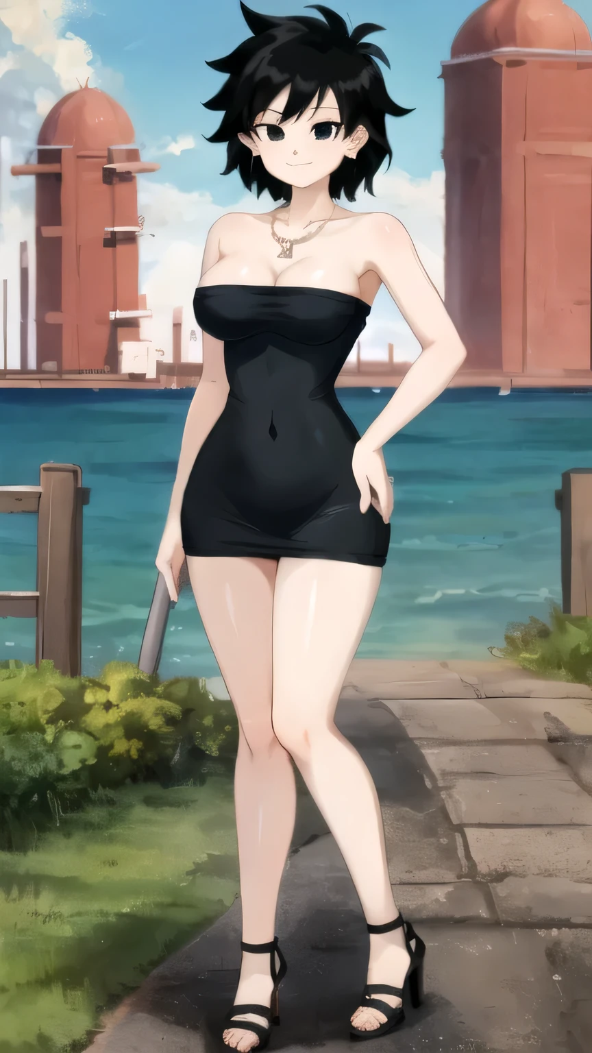 gine, 1 girl, sunlight, solo, closed, blue sky, black hair, black eyes, city, bare shoulders, medium breast, collarbone, cowboy shot, short hair, looking at viewer, smile, looking at viewer, spiked hair, strapless black tube dress, necklace, pier, docks, left hand on hips, standing up, black high heels, full body