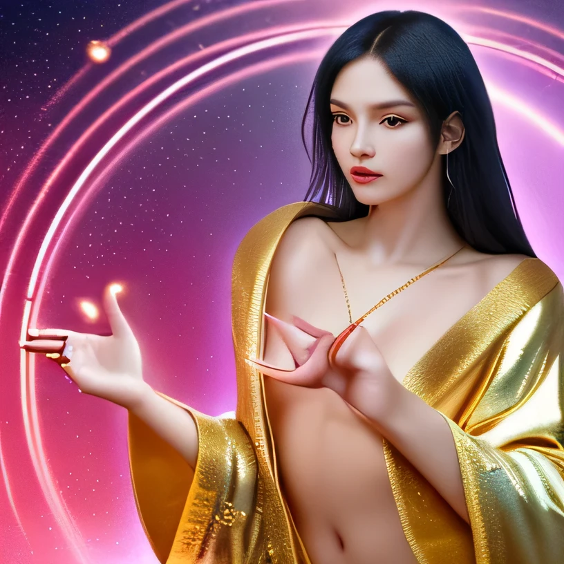 best quality, Ultra-fine, 16K, Ridiculous, Very detailed, Delicate and dynamic, Cool and beautiful goddess among beautiful goddesses, Attractive appearance, Excited expression, Tiffany Smurf Cut, Wearing a gold embroidered robe，Show a little skin, Excellent body proportions, Red and gold iridescent magic circle, Full of technology，