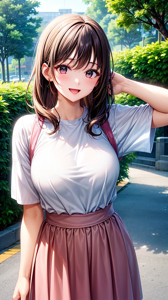 (Woman close up)、Depiction of the upper body、((30-year-old female))、A cheerful smile、Bob Hair、(Open your mouth a little、High resolution、16k))、Sporty summer clothes、Early morning park、